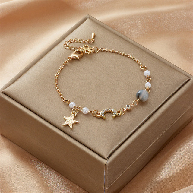 Japan Korea Star Moon Bracelet For Women Fashion Crystal Pearl Chain Jewelry
